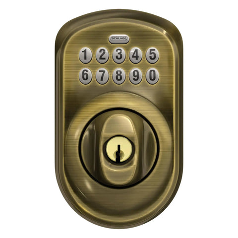 Plymouth Electronic Keypad Deadbolt Lock With Keyless Front Door Entry For Easy No Key Fumble Home Access, Mechanical Key Backup Included, Antique Brass Finish, BE365 V PLY 609, Strong Grade 2 Security shown in antique brass finish.