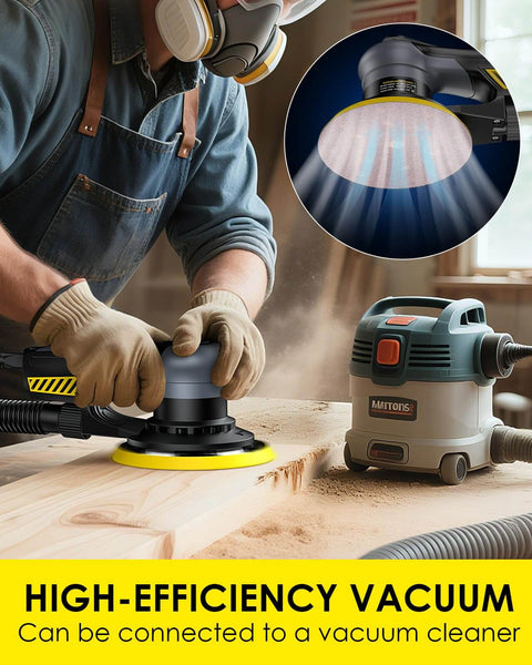 Person using Random Orbital Sander With 360W Brushless Motor 150mm Backing Plate 6 Variable Speeds Up To 10000 RPM on wood