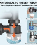 Visible One And A Half Inch P Trap Upgrade With Removable Clean Cup Drain Valve illustrates easy cleaning and odor-blocking features.