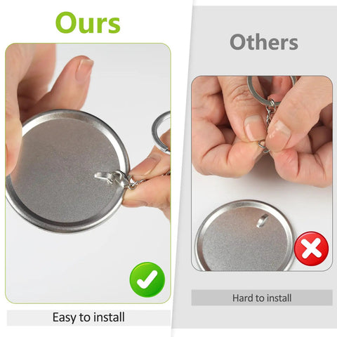 Comparison showing easy installation of keychains in 100 Sets Of 58mm Button Maker Supplies For Pins And Keychains, Dope Kit Includes Metal Back Covers, Shells, Films, Keychains, Rings, And Metal Covers For Diy Button Maker Machine, Perfect Gift For Crafters And Hobbyists