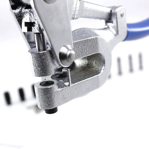 Close-up of 16 Piece Metal Hole Punch Kit for Sheet Metal with puncher built for pros, focus on 1/4 inch opening and die sizes.
