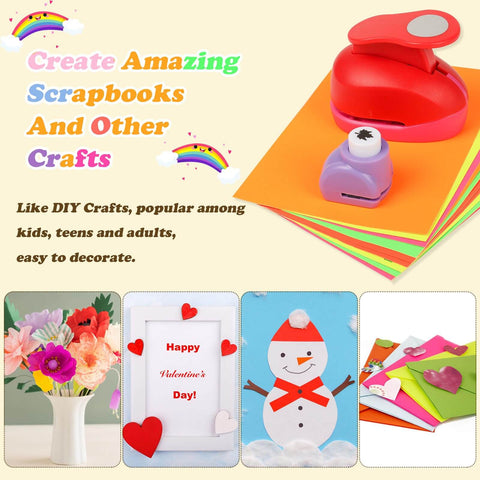 All In One Scrapbooking Punch Kit With Six Large Punches And Four Mini Punches In Star Heart Flower Circle Gear Wave Shapes Plus Ten Sticker Papers For DIY Cards Journals School Projects And A Fun Starter Bundle For Creative Crafts with red and purple punches on colorful paper.