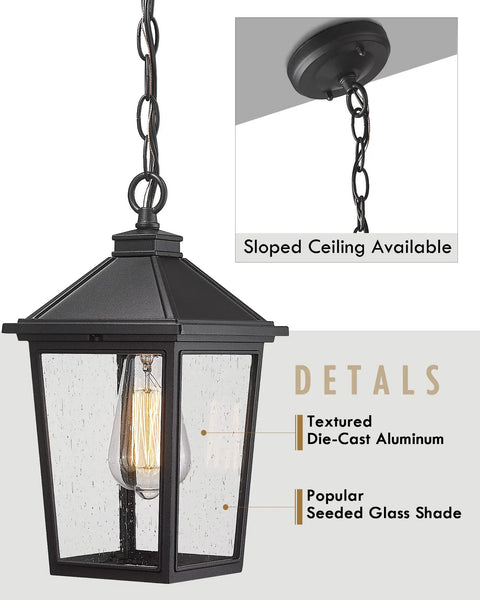 Outdoor Pendant Light For Porch And Patio Farmhouse Exterior Hanging Lantern With Adjustable Chain Matte Black Finish And Seeded Glass Weatherproof ETL Listed For Wet Locations Durable Rust Resistant Exterior Lighting