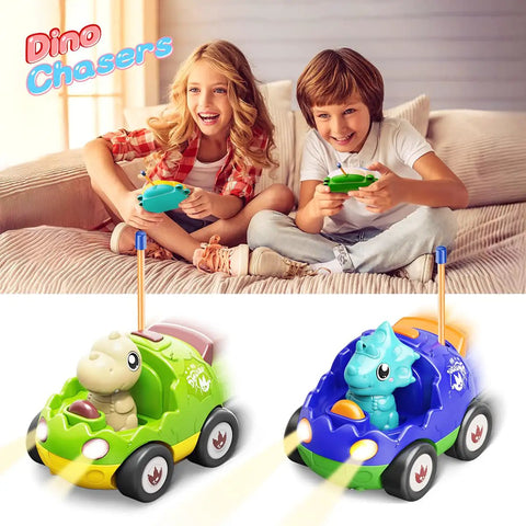 Two Pack Dinosaur Remote Control Cars For Toddlers Ages 2 To 5 with Dino Figures, kids playing on couch, blue and green RC cars