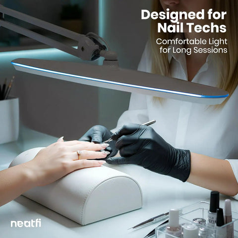 Nail tech using Monster Bright Desk Light With 2200 Lumens Of Crisp 6500K Daylight Glare Free Eye Care 23 Inch Wide Shade