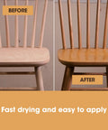 Before and after application of Superior Water Based Walnut Wood Stain Ultra Fast Drying Low Odor Plus Non Toxic Formula on a chair.
