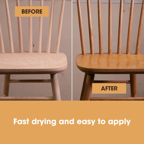 Before and after application of Superior Water Based Walnut Wood Stain Ultra Fast Drying Low Odor Plus Non Toxic Formula on a chair.