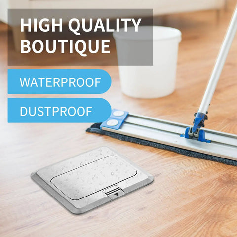 Pop Up Floor Box Kit With Waterproof GFCI Outlet Cover and Hidden 20A Tamper Resistant Receptacle, IP44 silver finish on wood floor