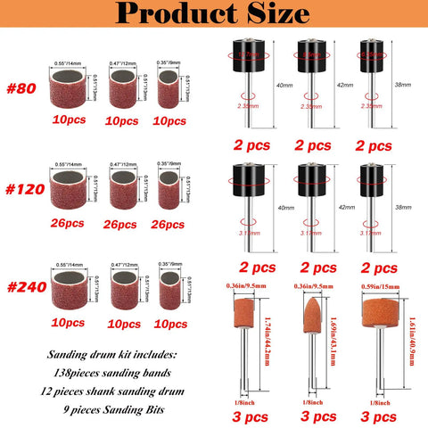 187 Piece Sanding Drum Kit For Drill And Drill Press With Grit Sleeves And Rubber Drums showing product sizes and configurations.