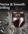Close-up of Built Tough Countersink Drill Bit Set with 82 Degree Five Flutes and Quick Change Hex Shank in 3/4 inch size drilling metal.