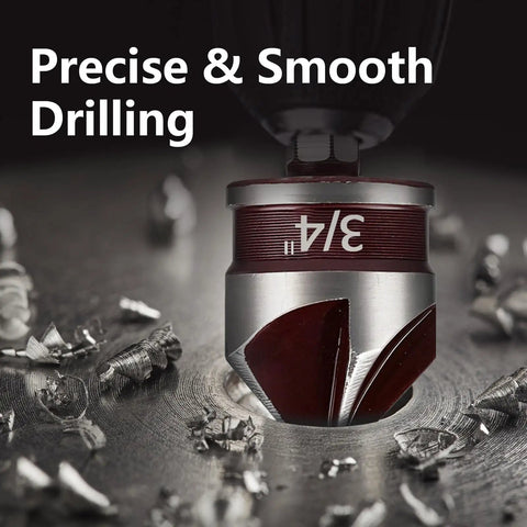 Close-up of Built Tough Countersink Drill Bit Set with 82 Degree Five Flutes and Quick Change Hex Shank in 3/4 inch size drilling metal.