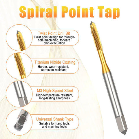 Pro Grade 4 Piece Metric Tap And Drill Bit Set Tinker Friendly Gear You Need For M3 X 0.5 Spiral Point Taps and 2.5mm Twist Drill Bits features spiral point tap, titanium nitride coating and universal shank type, suitable for metalworking and electronics repair projects.