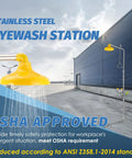 Heavy Duty Combo Safety Shower And Eyewash Station, Osha Certified Jobsite Gear, stainless steel eyewash station with yellow shower head.