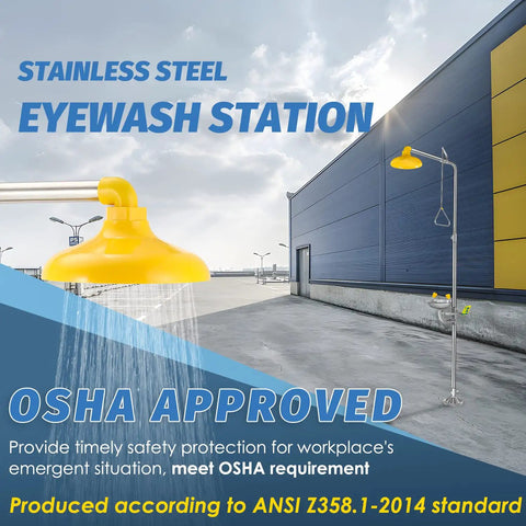 Heavy Duty Combo Safety Shower And Eyewash Station, Osha Certified Jobsite Gear, stainless steel eyewash station with yellow shower head.