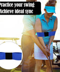 Two Pack Golf Swing Arm Bands Elastic Posture Corrector And Training Aid For Strength Grip Connection Band in use on golfer