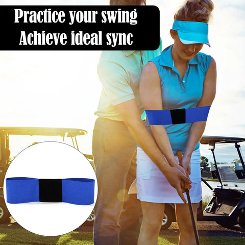 Two Pack Golf Swing Arm Bands Elastic Posture Corrector And Training Aid For Strength Grip Connection Band in use on golfer