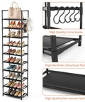 Tall Ten Tier Shoe Rack Holds Twenty Five Pairs Narrow Boot Organizer With Hook Hangers Sturdy Entryway Storage Shelf showing shoes and bags.