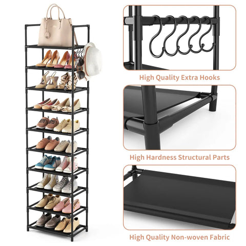 Tall Ten Tier Shoe Rack Holds Twenty Five Pairs Narrow Boot Organizer With Hook Hangers Sturdy Entryway Storage Shelf showing shoes and bags.