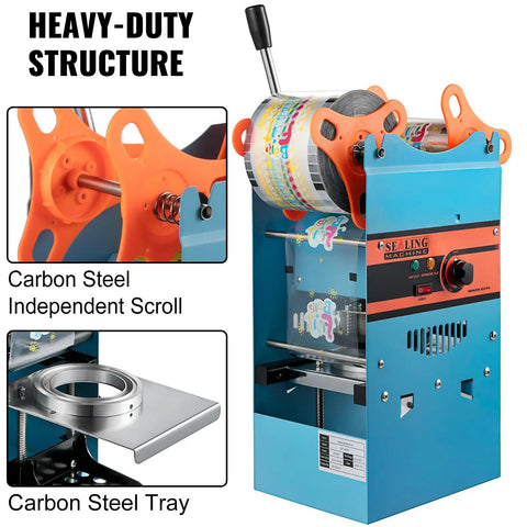 Heavy Duty Manual Boba Tea Cup Sealer Machine Built Like A Tank For Hustle Ready Cafes Fits 90 Mm And 95 Mm Cups with carbon steel structure.