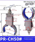 Gripper Mechanical Arm Clamp Sensor Switch and Anti Slip Pad for Bottle Preform Workpieces in Circular Automation Fixtures, Pneumatic Accessory for Precise Handling, Secure Gripping, and Smooth Automated Operations GPR-CH50 with dimensions.