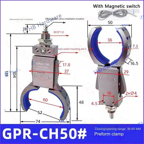 Gripper Mechanical Arm Clamp Sensor Switch and Anti Slip Pad for Bottle Preform Workpieces in Circular Automation Fixtures, Pneumatic Accessory for Precise Handling, Secure Gripping, and Smooth Automated Operations GPR-CH50 with dimensions.
