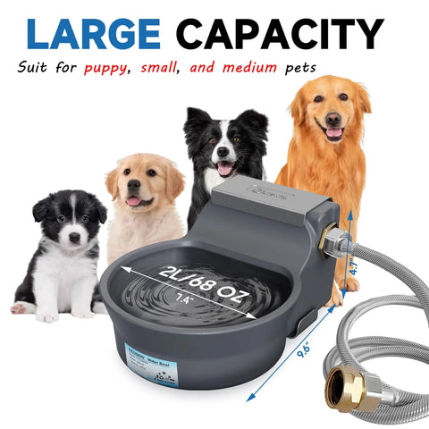 No Brainer Automatic Dog Water Dispenser With Heavy Duty Anti Tip Bracket, 68 Oz Outdoor Pet Water Bowl showing 68 oz capacity and water flow.