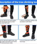 Heavy Duty Tree Climbing Spikes Gear Set For Logging And Hunting, illustrated steps showing cowhide straps and anti-slip pedals.