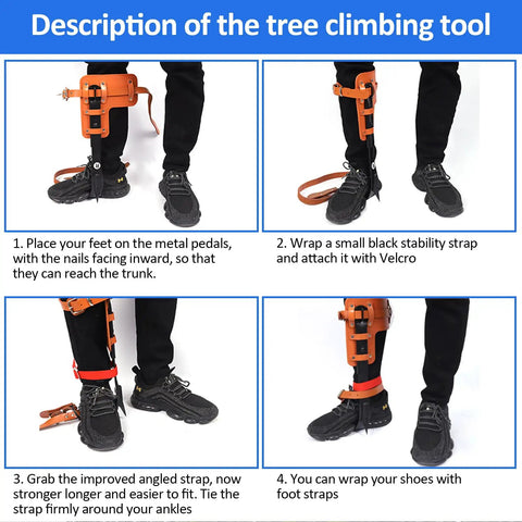 Heavy Duty Tree Climbing Spikes Gear Set For Logging And Hunting, illustrated steps showing cowhide straps and anti-slip pedals.