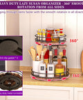 Two Tier Lazy Susan Organizer With Adjustable Heights For Countertop Spice Rack And Kitchen Organization Durable Metal Base With 360 Degree Rotation shown on kitchen countertop