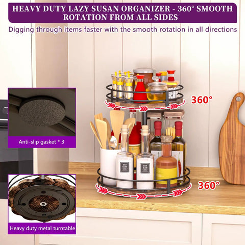 Two Tier Lazy Susan Organizer With Adjustable Heights For Countertop Spice Rack And Kitchen Organization Durable Metal Base With 360 Degree Rotation shown on kitchen countertop