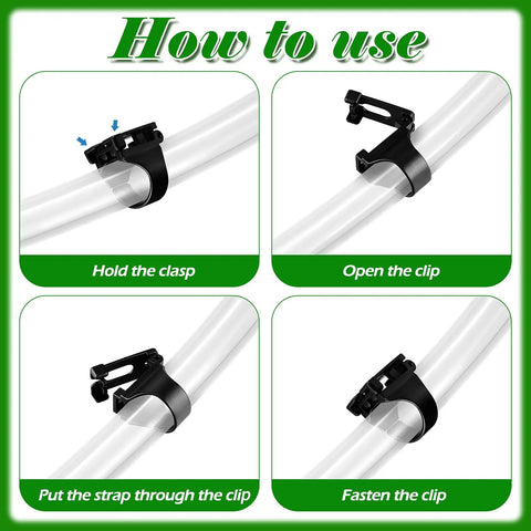 Instructions for 8 Piece Silicone Snorkel Clip Kit For Scuba Gear, showing how to hold, open, strap, and fasten plastic clips on tubes.