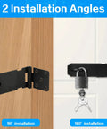 Rock Solid Five Inch Black Stainless Steel Padlock Hasp Door Latch Lock Built Different With Sleek Polish For Quick Zero Drama Install showing 90° and 180° installation angles.