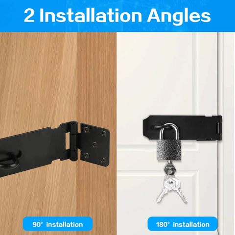 Rock Solid Five Inch Black Stainless Steel Padlock Hasp Door Latch Lock Built Different With Sleek Polish For Quick Zero Drama Install showing 90° and 180° installation angles.