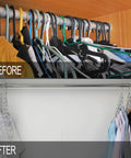 Before and after using Space Saving Cloth Hangers Set of 12, Heavy Duty Metal Closet Organizer With Magic Hanger System