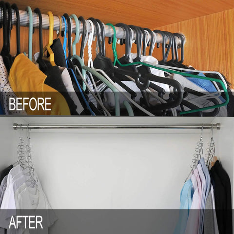 Before and after using Space Saving Cloth Hangers Set of 12, Heavy Duty Metal Closet Organizer With Magic Hanger System
