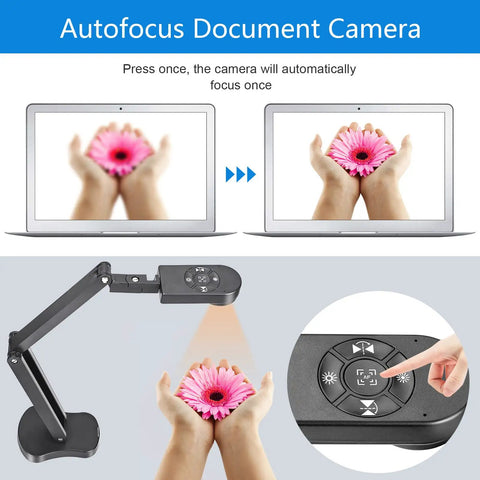 Autofocus Document Camera demonstrating 4K USB visuals with hands holding a flower, showcasing controls for ease of use.