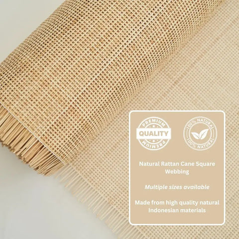 Top Shelf Natural Radio Weave Rattan Cane Webbing Roll 24 By 84 Inches solid roll showing square mesh pattern for DIY projects.