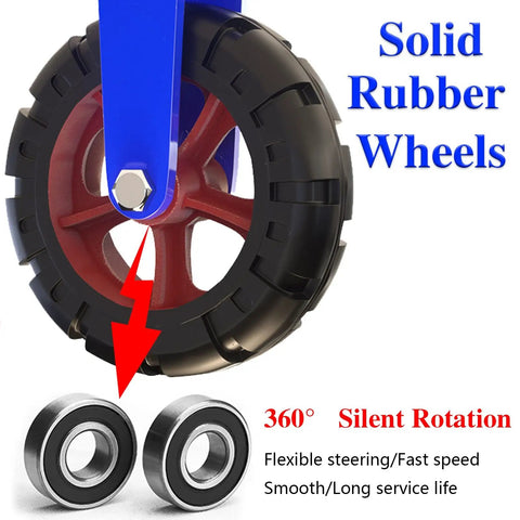 Heavy Duty Rubber Caster Wheels, 4 Pack With Secure Roll Brake, showcasing solid rubber wheel and dual ball bearings for 360° rotation.