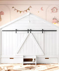 Kid Approved Full Size Floor Bed Frame With Sliding Barn Door And Built In Soft Glow Light Farmhouse House Shaped Sleeper front view