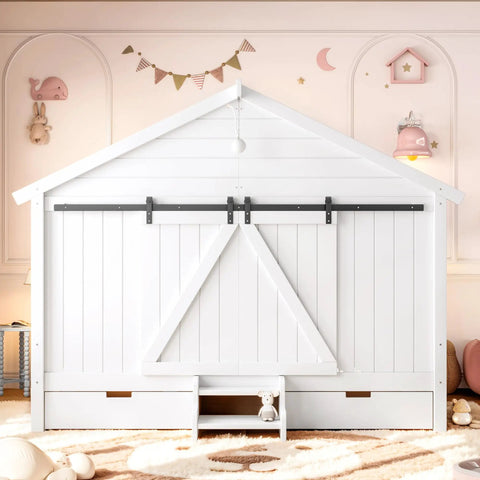 Kid Approved Full Size Floor Bed Frame With Sliding Barn Door And Built In Soft Glow Light Farmhouse House Shaped Sleeper front view