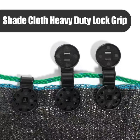 Beefy Lock Grip Tarp Clips Set attached to black mesh canopy, showing universal design for windproof shade sails and tarps