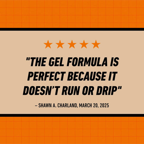 Customer review highlighting gel formula of Rock Solid Super Glue Gel No Drip Formula For Precision Repairs And Vertical Fixes.