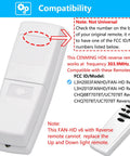 Replacement Ceiling Fan Remote Control 303.9MHz With Reverse Light Dimmer And 3 Speed Wall Mount compatibility chart