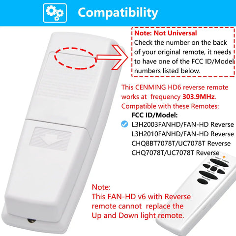 Replacement Ceiling Fan Remote Control 303.9MHz With Reverse Light Dimmer And 3 Speed Wall Mount compatibility chart