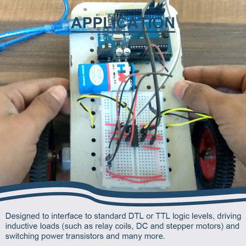 L293D Four Channel Motor Driver Module DIP16 for Arduino DIY projects on a breadboard with wiring and components