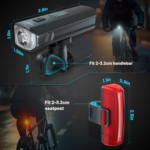 USB C Rechargeable Bike Light Set Front Headlight And Rear Taillight With 9 Modes 1200 Lumen Brightness IPX6 Waterproof