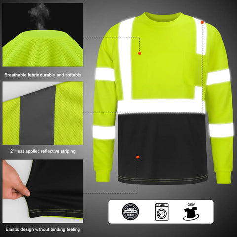 Kickass High Visibility Class 3 Hi Vis Safety Shirt With Reflective Strips And Pocket Long Sleeve Quick Dry Mesh Workwear For Construction Jobs Built Tough And Sweat Free For Active Crews In Lime And Black with breathable fabric and reflective striping.