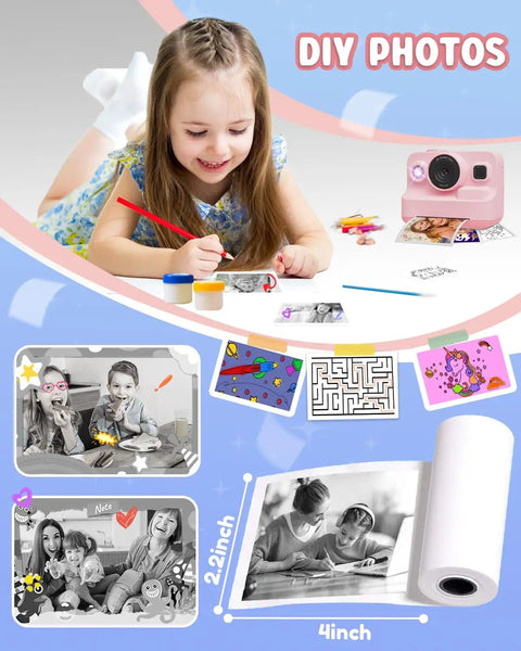 Kids Instant Camera Print Paper Refill 10 Rolls BPA Free Safe Thermal Paper For Kids Instant Camera 3.8 X 2.2 Inches Non Toxic Odorless No Toner Easy To Use Photo Paper For Crafty Memories. 4x2.2 in roll beside printed DIY photos