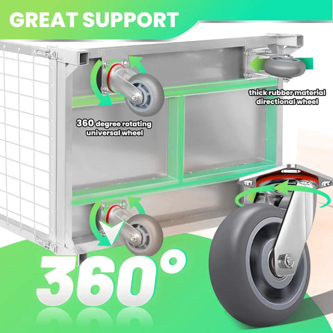 360 degree rotating wheels of the 5 In 1 Foldable Flatbed Cart And Heavy Duty Cage Dolly With 2200 Lb Capacity.