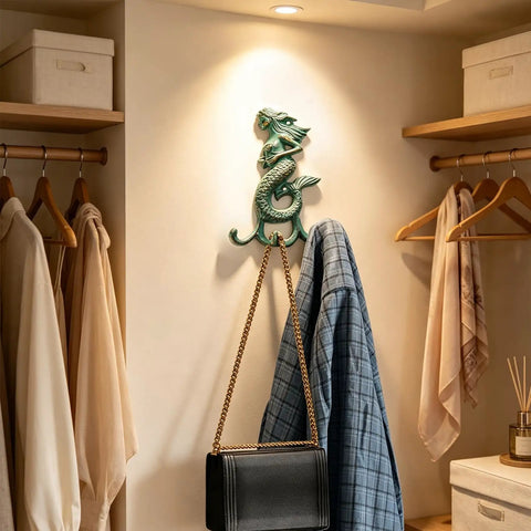 Premium Cast Iron Mermaid Wall Hook With Solid Metal Finish Totally Awesome Vintage Nautical Coat And Towel Hanger holding a jacket and handbag.